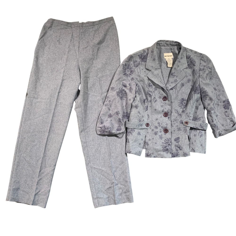 Petite‎ Perceptions Floral Blazer Pant Suit Set Blue Gray Women's Size 10P